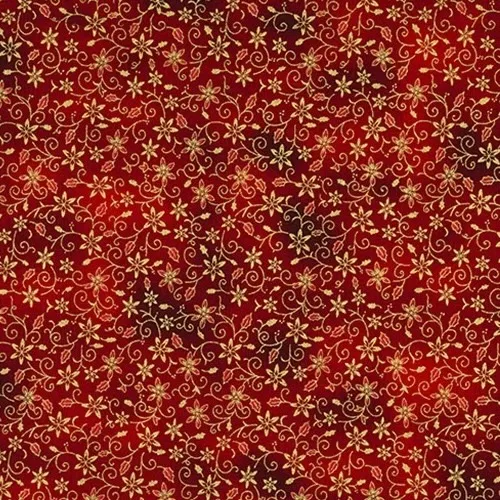 Quilting Fabric - Metallic Gold Poinsettia Vines on Red