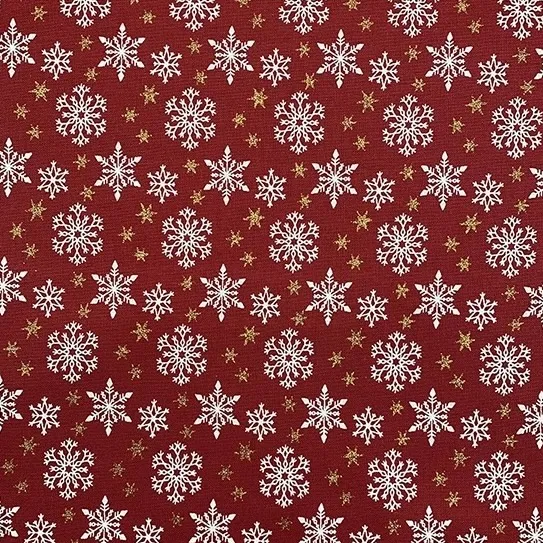 Quilting Fabric - Scandi Snowflakes on Red with Metallic Gold Stars by John Louden