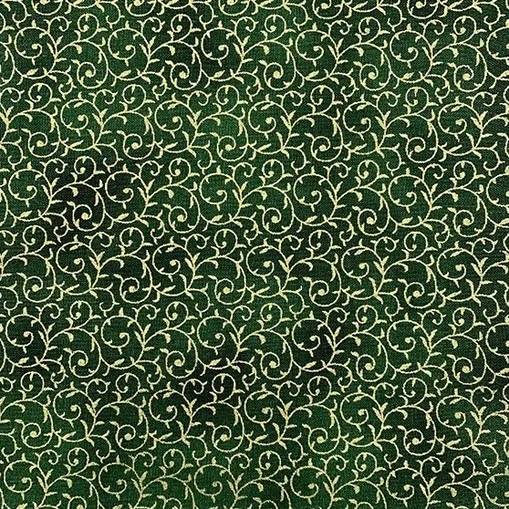 Quilting Fabric - Metallic Gold Vine Scroll on Green