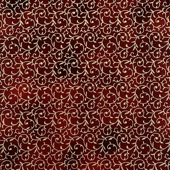 Quilting Fabric - Metallic Gold Vine Scroll on Red