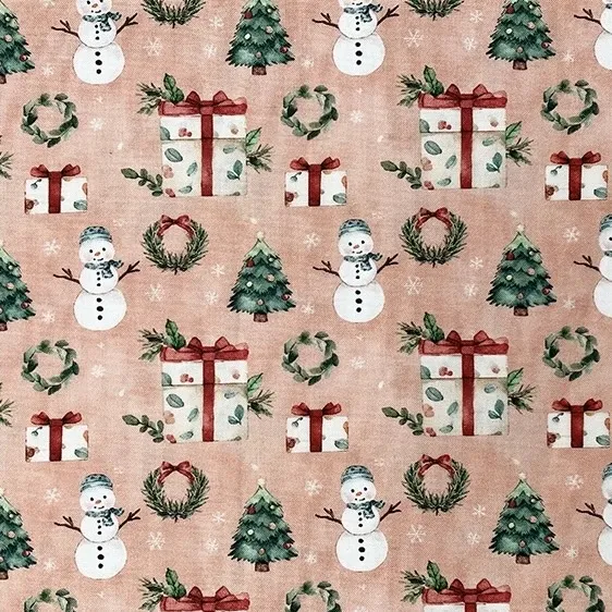 Quilting Fabric - Snowmen and Presents on Pink by John Louden