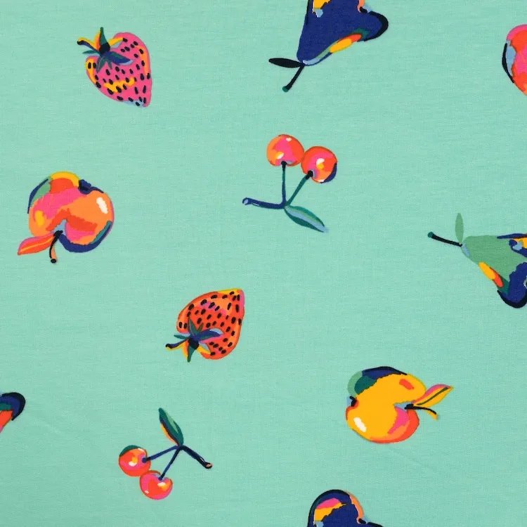 Cotton French Terry Fabric with Colourful Fruit on Tiffany Blue