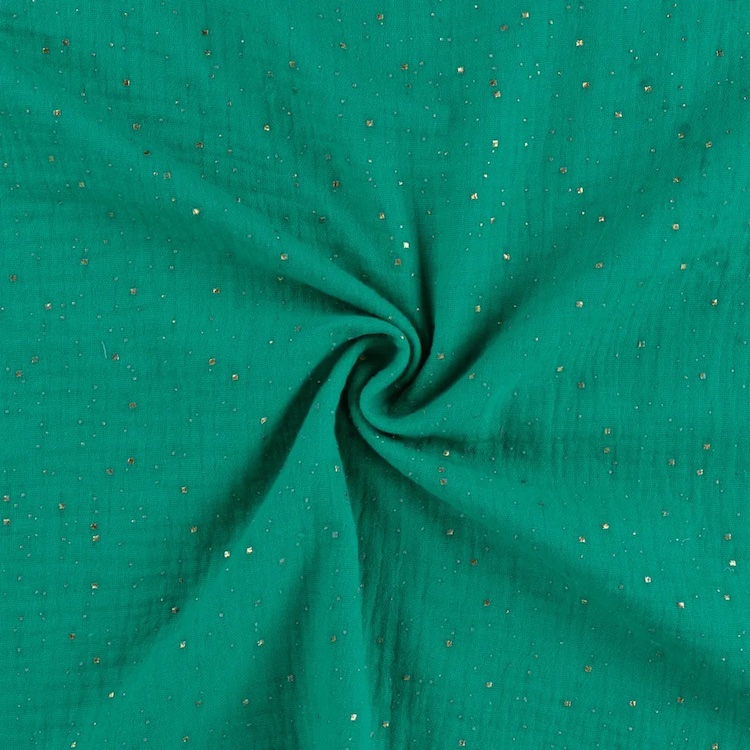 Double Gauze Fabric with Gold Accent Dots in Emerald Green