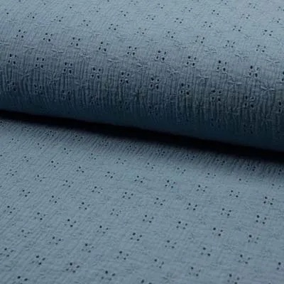 Embroidered Double Gauze Fabric with Floral Eyelets in Dusty Blue