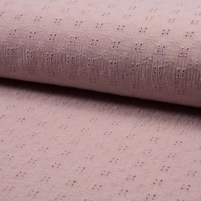 Embroidered Double Gauze Fabric with Floral Eyelets in Old Rose Pink