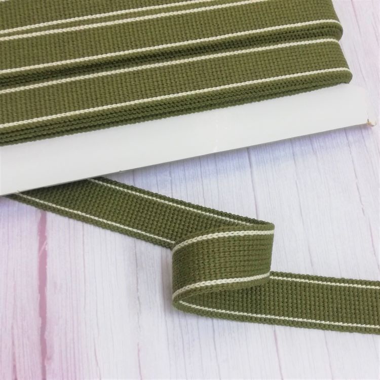 Bag Cotton Webbing - Khaki Green with Ecru Stripe 30mm Wide