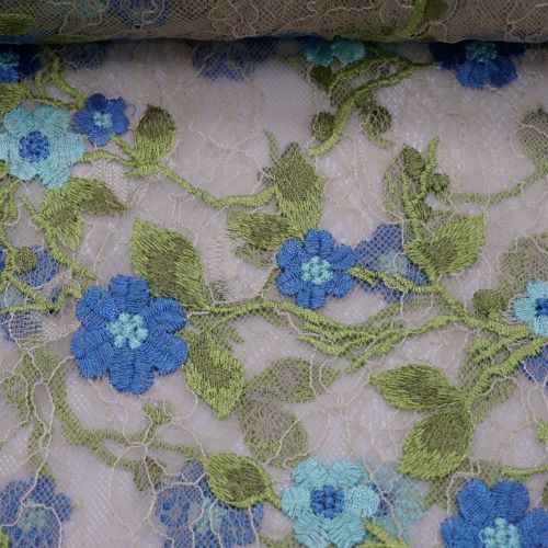 Deadstock - Ex Designer - Lace Fabric - Nude Colour with Embroidered Blue Flowers 