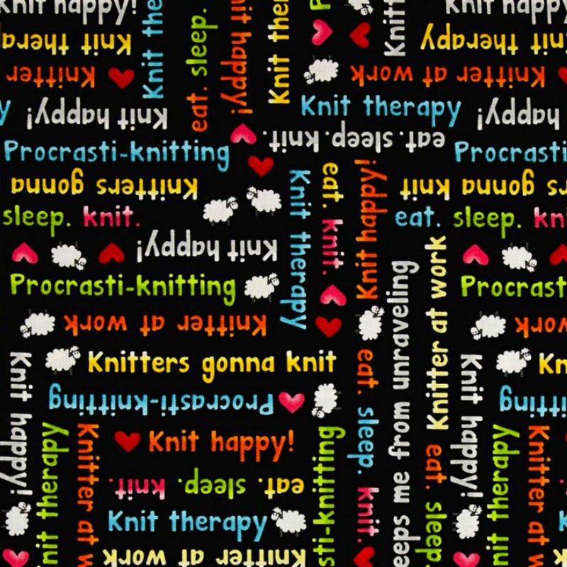Quilting Fabric - Knitting themed text on Black by Stitches of Love for Henry Glass & Co