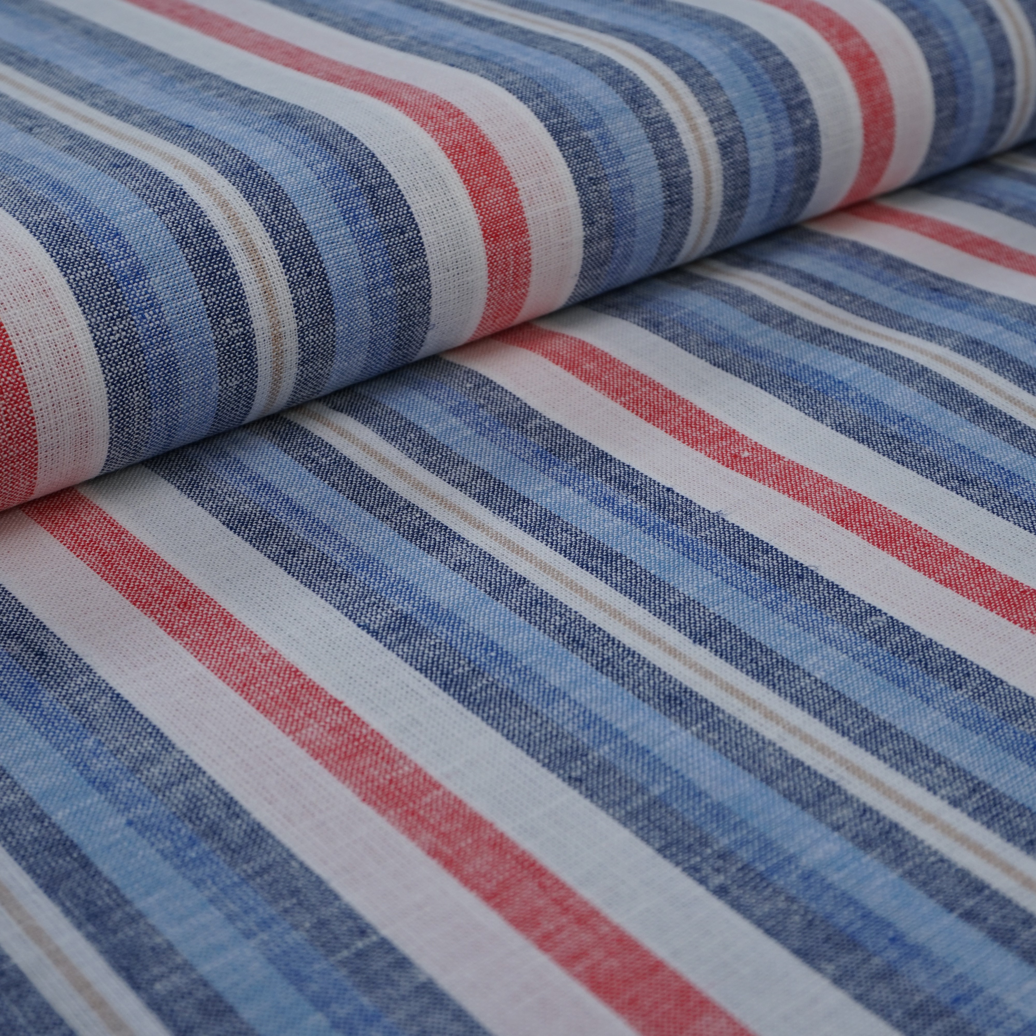Deadstock - Linen Blend Fabric Blue Red and White Stripe