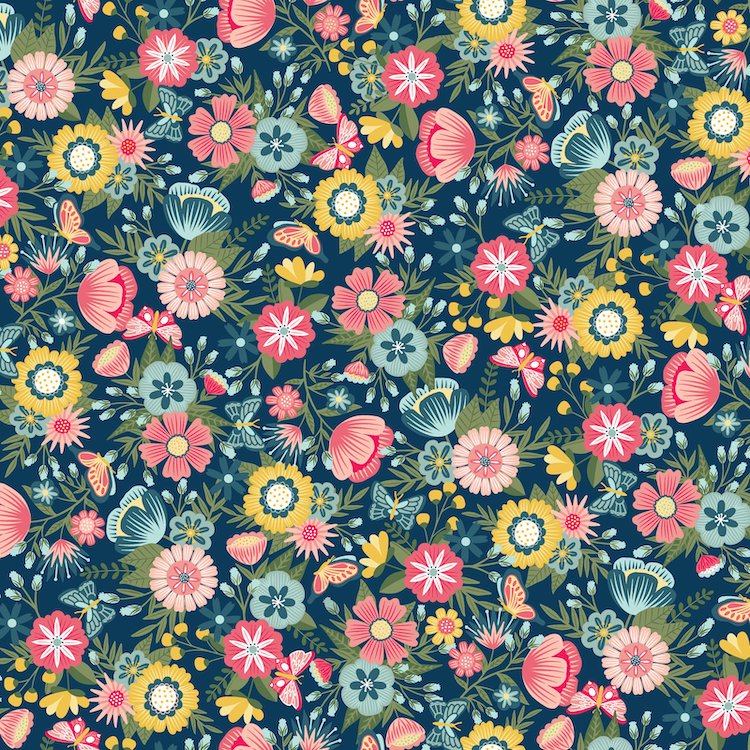 Quilting Fabric - Floral on Dark Blue from Vintage Flora by Kimberbell for Maywood Studio MAS10330-N