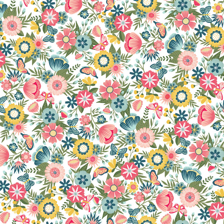 Quilting Fabric - Floral on White from Vintage Flora by Kimberbell for Maywood Studio MAS10330-W