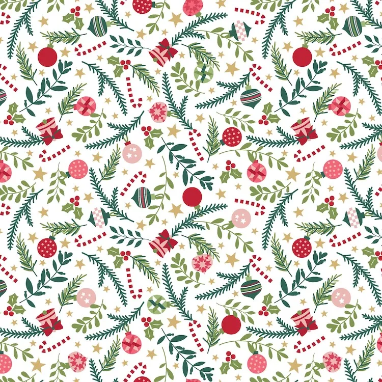 Quilting Fabric - Christmas Greenery with Baubles on White by Kimberbell from A Quilty Little Christmas for Maywood Studio MAS10576 W