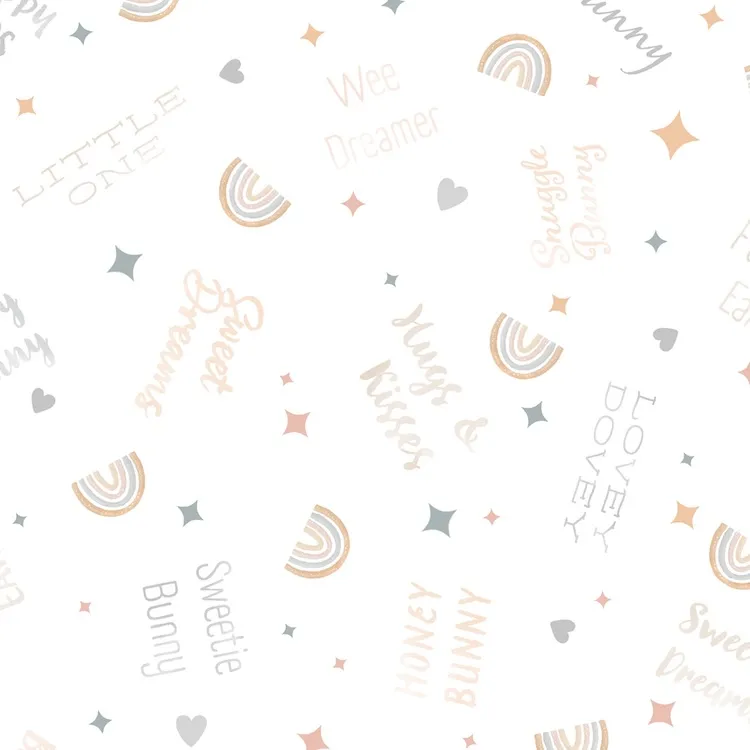 Quilting Fabric - Rainbows and Text on White from Honey Bunny by Maywood Studios MAS10912-W