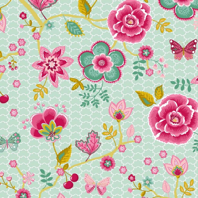 Cotton Poplin Fabric in Mint with Large Foral, Birds and Butterflies