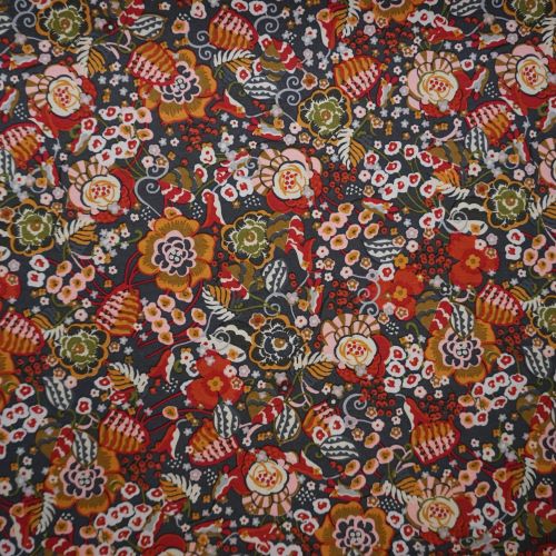 Modal French Terry Jersey Fabric - Deadstock - Mustard Floral On Slate Grey