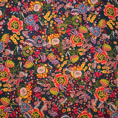 Modal French Terry Jersey Fabric - Deadstock - Cerise Floral on Slate Grey