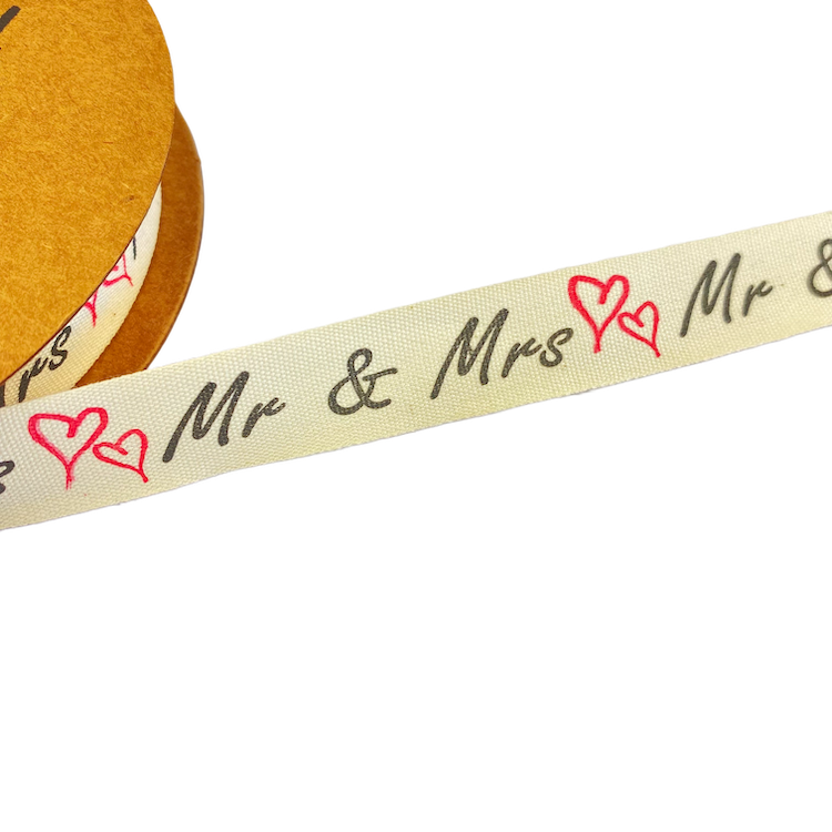 15mm Cotton Tape with Mr and Mrs on Natural