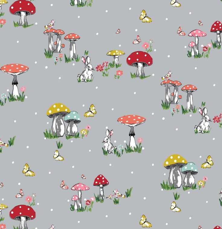 Cotton Poplin Fabric in Grey with Vintage Mushrooms and Bunnies
