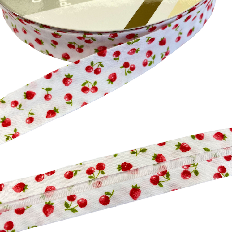 Bias Binding Cherries and Strawberries on White Col 46 - 18mm Wide by Fany