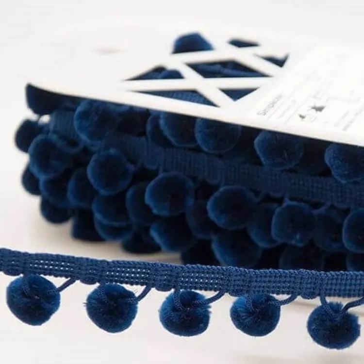 28mm Velvet Touch Pom Pom Trim in Navy Blue