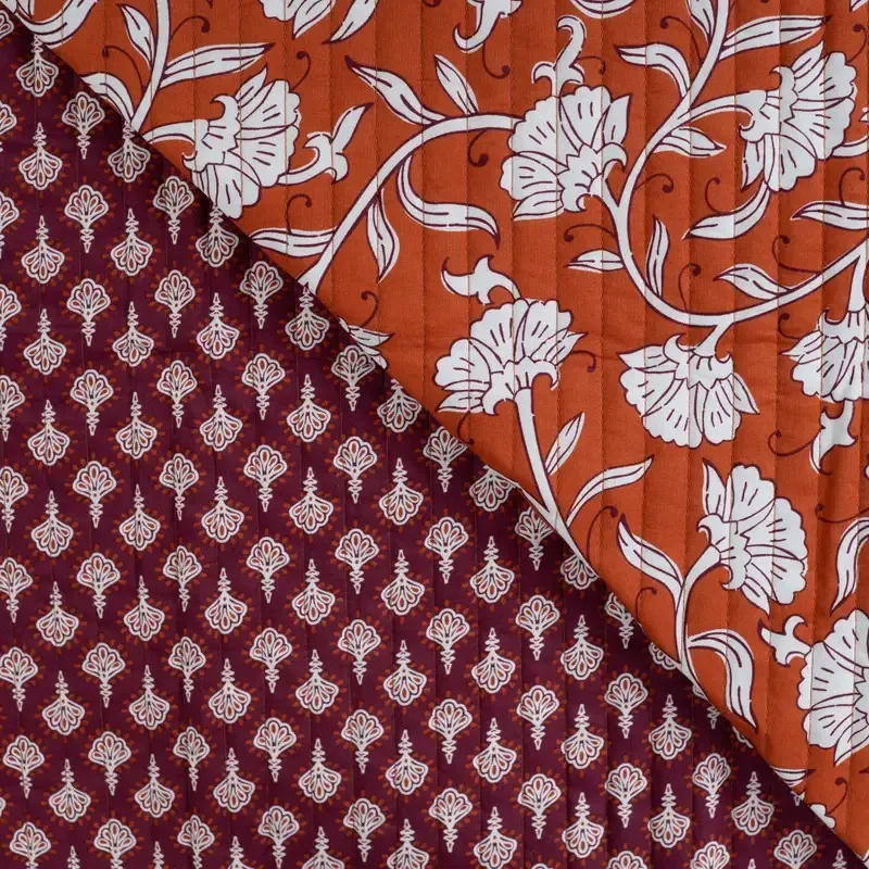 Quilted Cotton Fabric Double Sided with Floral Print on Cognac Brown