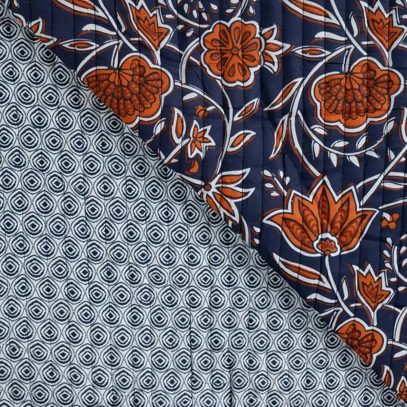 Quilted Cotton Fabric Double Sided with Floral Print on Navy Blue
