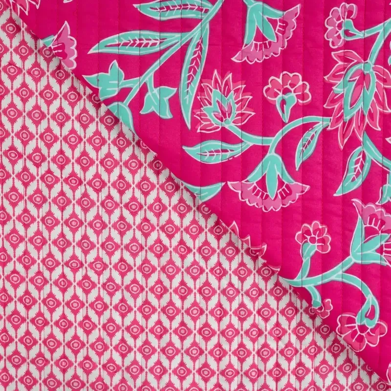 Quilted Cotton Fabric Double Sided with Floral Print on Fuchsia Pink
