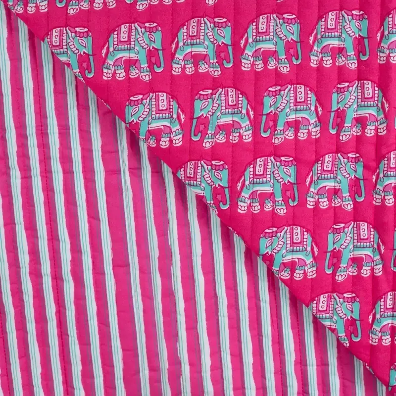 Quilted Cotton Fabric Double Sided with Elephant Print on Fuchsia Pink