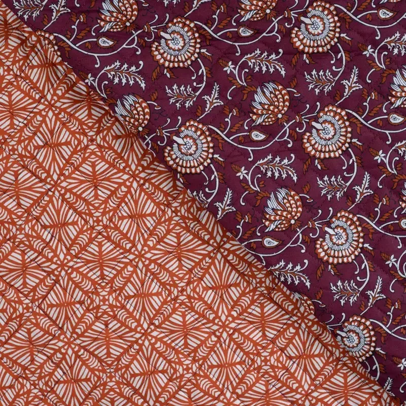 Quilted Cotton Fabric Double Sided with Floral Print on Wine Red