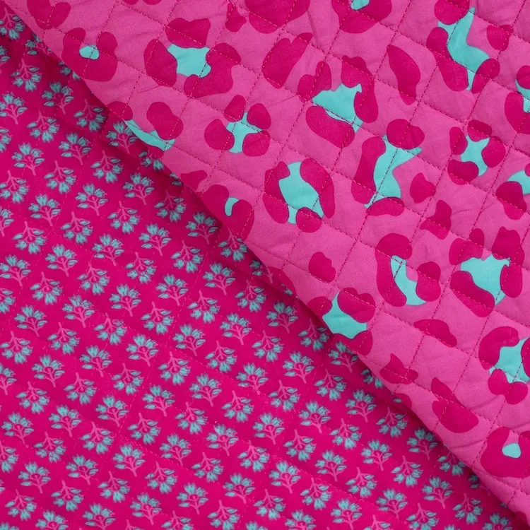 Quilted Cotton Fabric Double Sided with Leopard Print on Fuchsia Pink