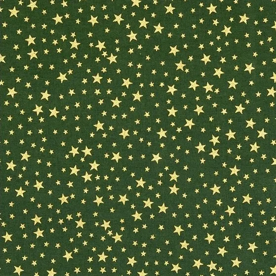 Cotton Poplin Fabric with Metallic Gold Stars on Green
