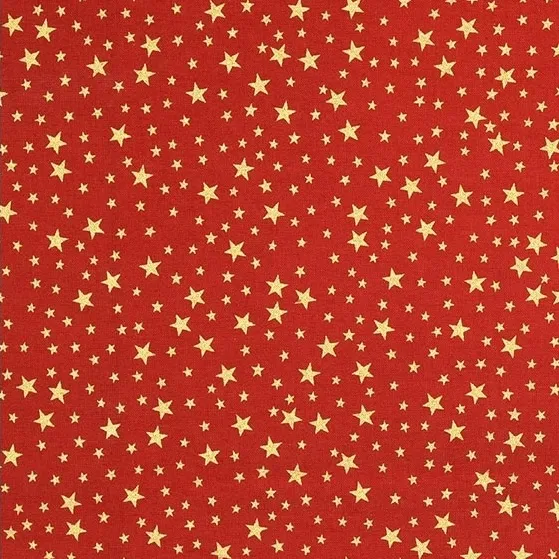 Cotton Poplin Fabric with Metallic Gold Stars on Red