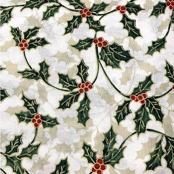 Cotton Poplin Fabric with Holly Vines on Cream with Metallic Gold Accents