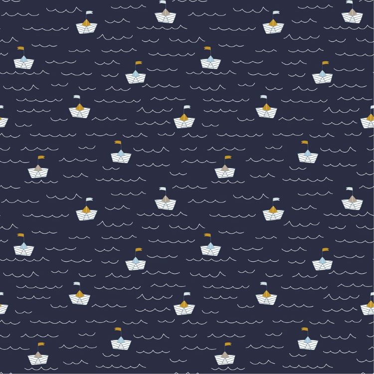 Cotton Poplin Fabric in Navy with Paper Boats