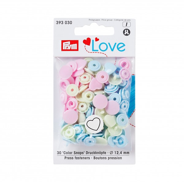 Snap Fasteners - 12.4mm Heart Shape in Pastel Blue Pink and Yellow by Prym Love 393 030