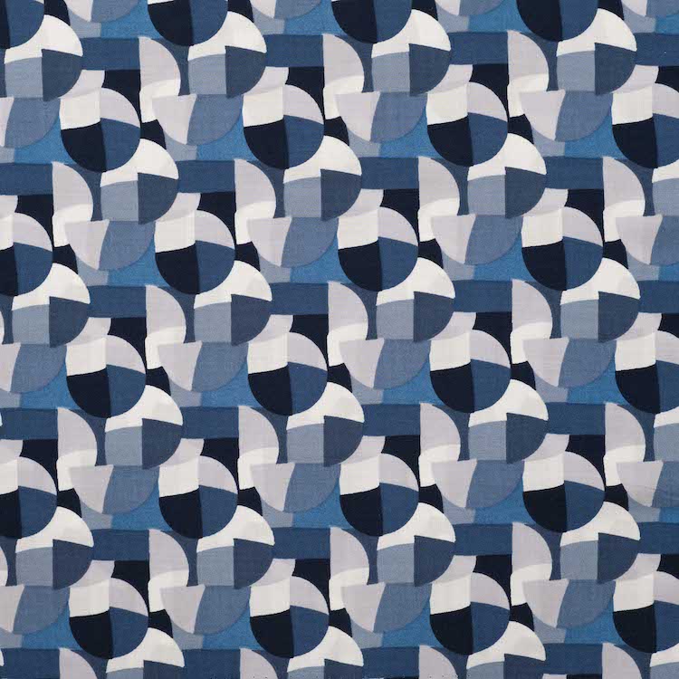 Cotton Rayon Voile Fabric with Abstract Circle Design in Blues