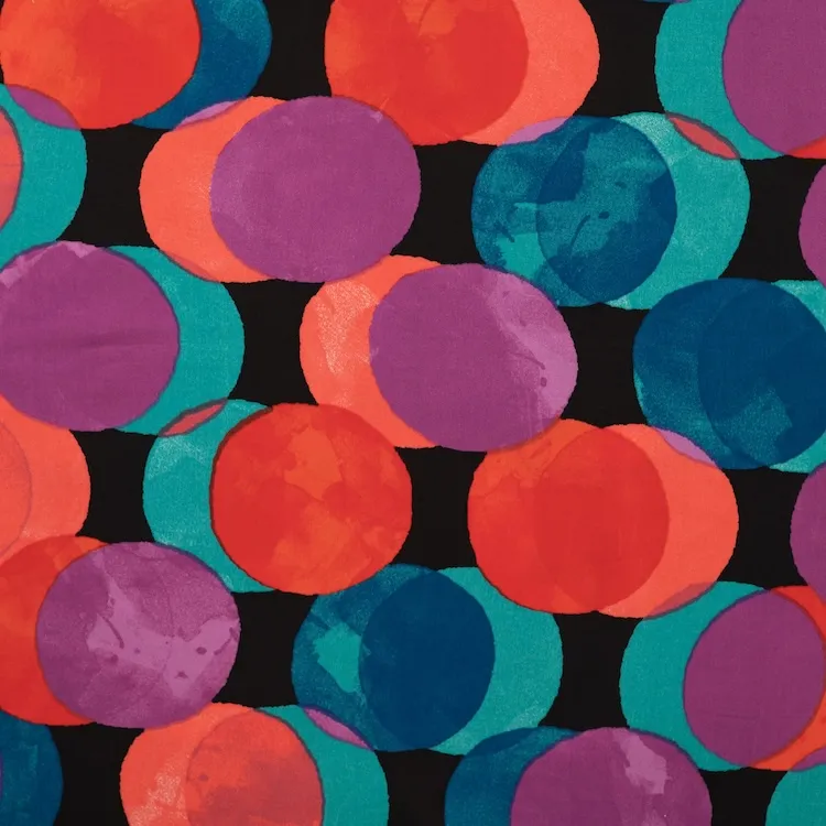 Satin Viscose Fabric with Overlapping Colourful Dots on Black