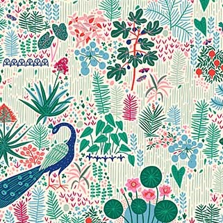 Quilting Fabric - Peacocks Landscape on Cream from Glasshouse by Emily Taylor for Figo Fabrics