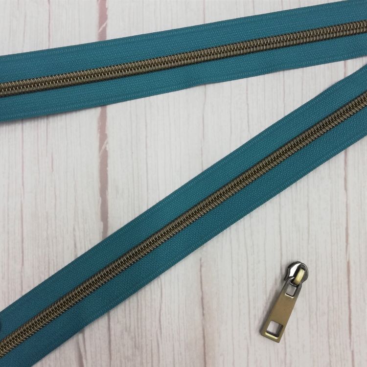 No 5 Petrol Blue Zipper with Antique Brass Coil - Sold by the Metre