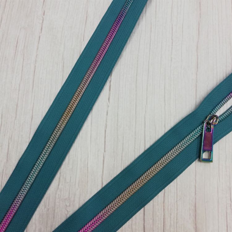 No 5 Petrol Blue Zipper with Rainbow Coil - Sold by the Metre