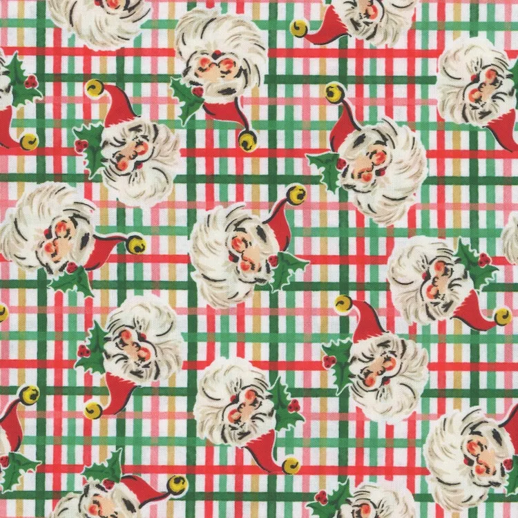 Quilting Fabric - Santas on Multicolour Plaid Tartan by Tina Higgins for 3 Wishes Fabric 24554