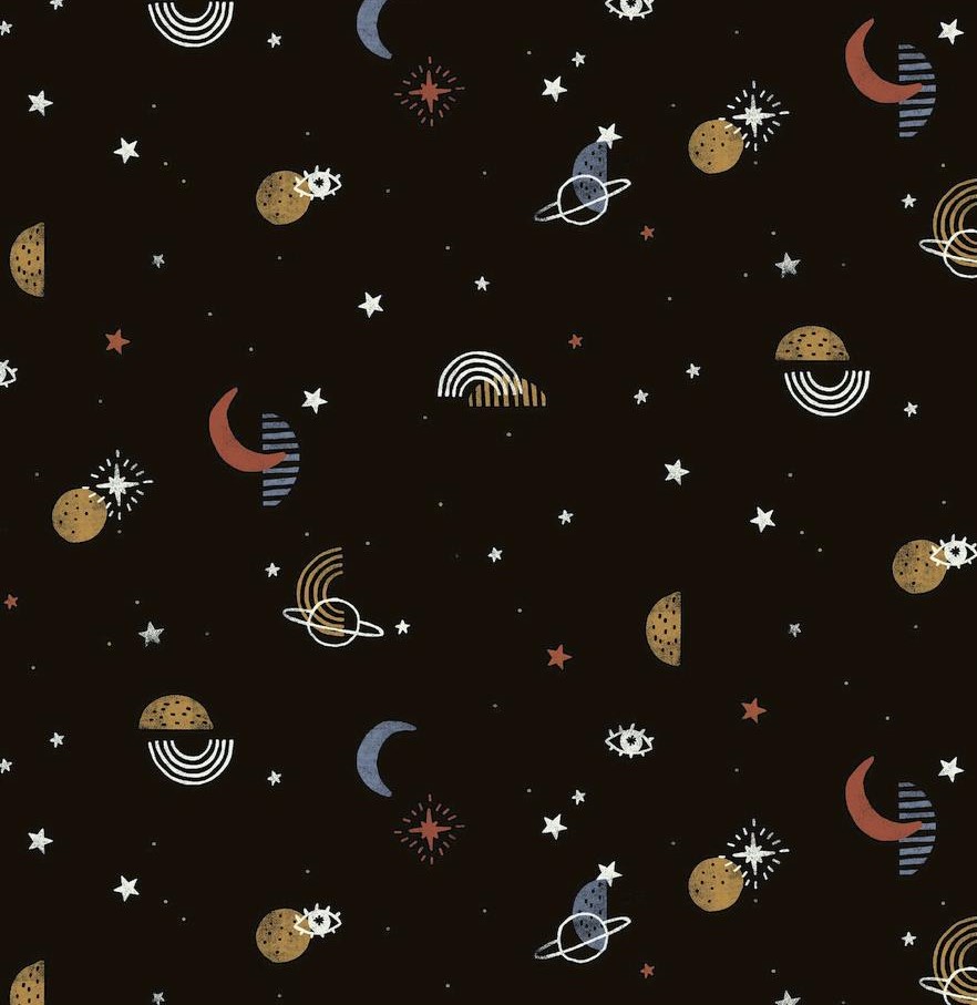 Cotton Poplin Fabric in Black with Planets and Stars
