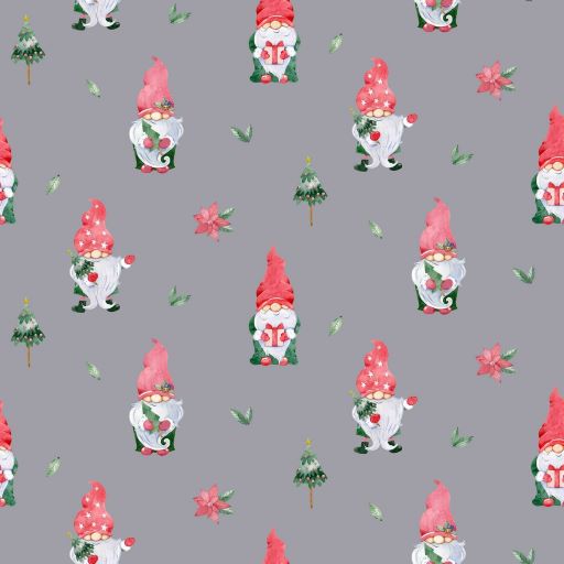 Cotton Poplin Fabric in Grey with Gnomes Digital Print 140cm wide