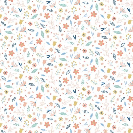 Cotton Poplin Fabric in White with Flowers and Leaves