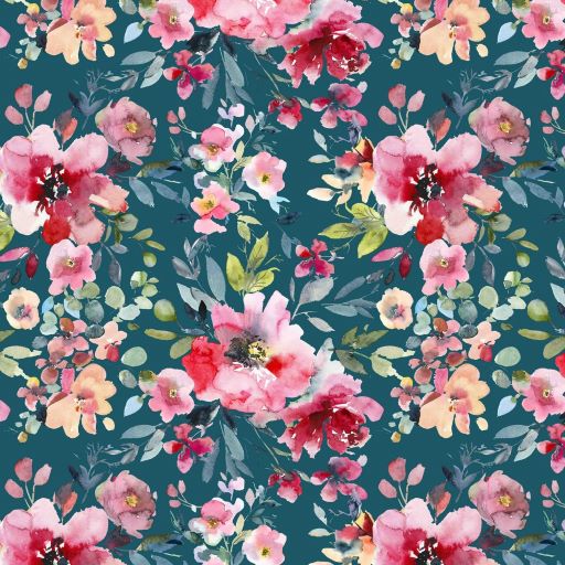 Cotton Poplin Fabric in Petrol with Floral Watercolour Digital Print 140cm wide