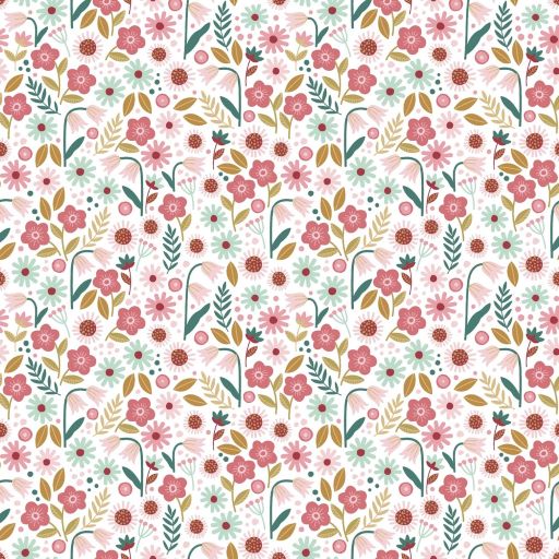 Cotton Poplin Fabric in White with Flowers