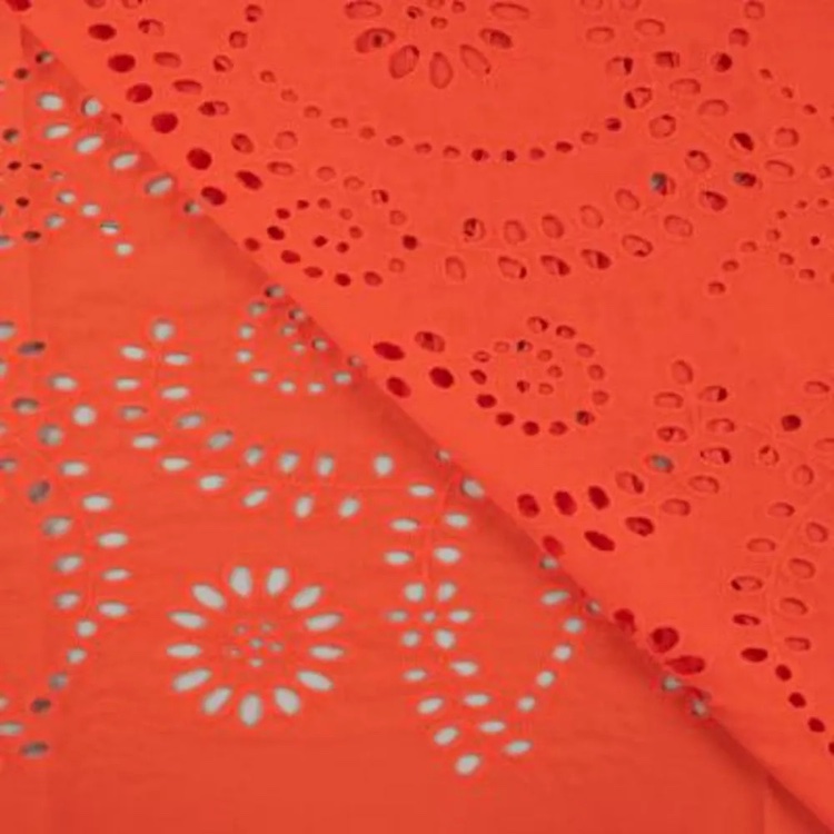 Cotton Poplin Fabric with Large Floral Eyelet Design in Coral
