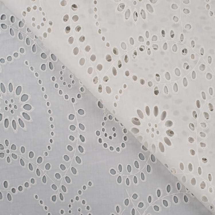 Cotton Poplin Fabric with Large Floral Eyelet Design in Ecru Off White