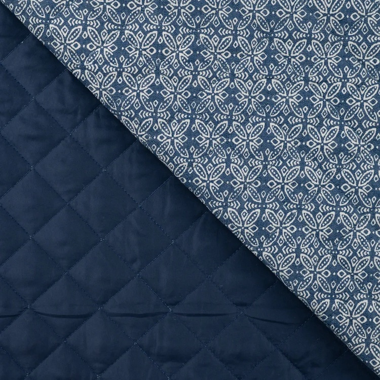 Quilted Chambray Fabric with Tile Pattern on Blue