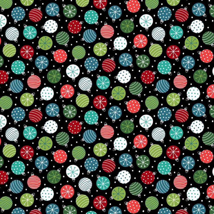 Quilting Fabric - Christmas Baubles on Black from Santa Paws by Deborah Edwards for Northcott 24154 99